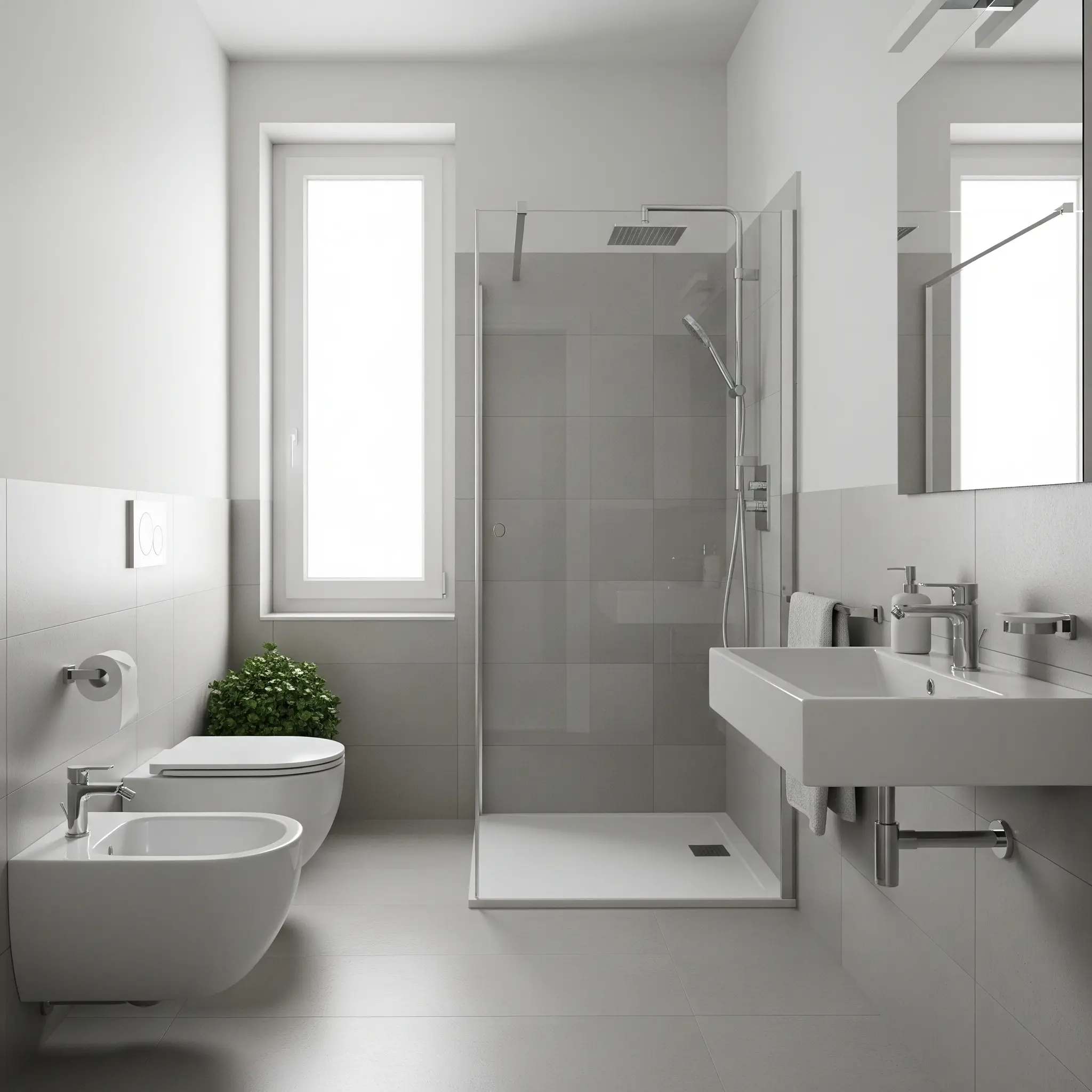 Bagno ristrutturato con finiture di alta qualità, design elegante e illuminazione sofisticata per un ambiente accogliente e raffinato
