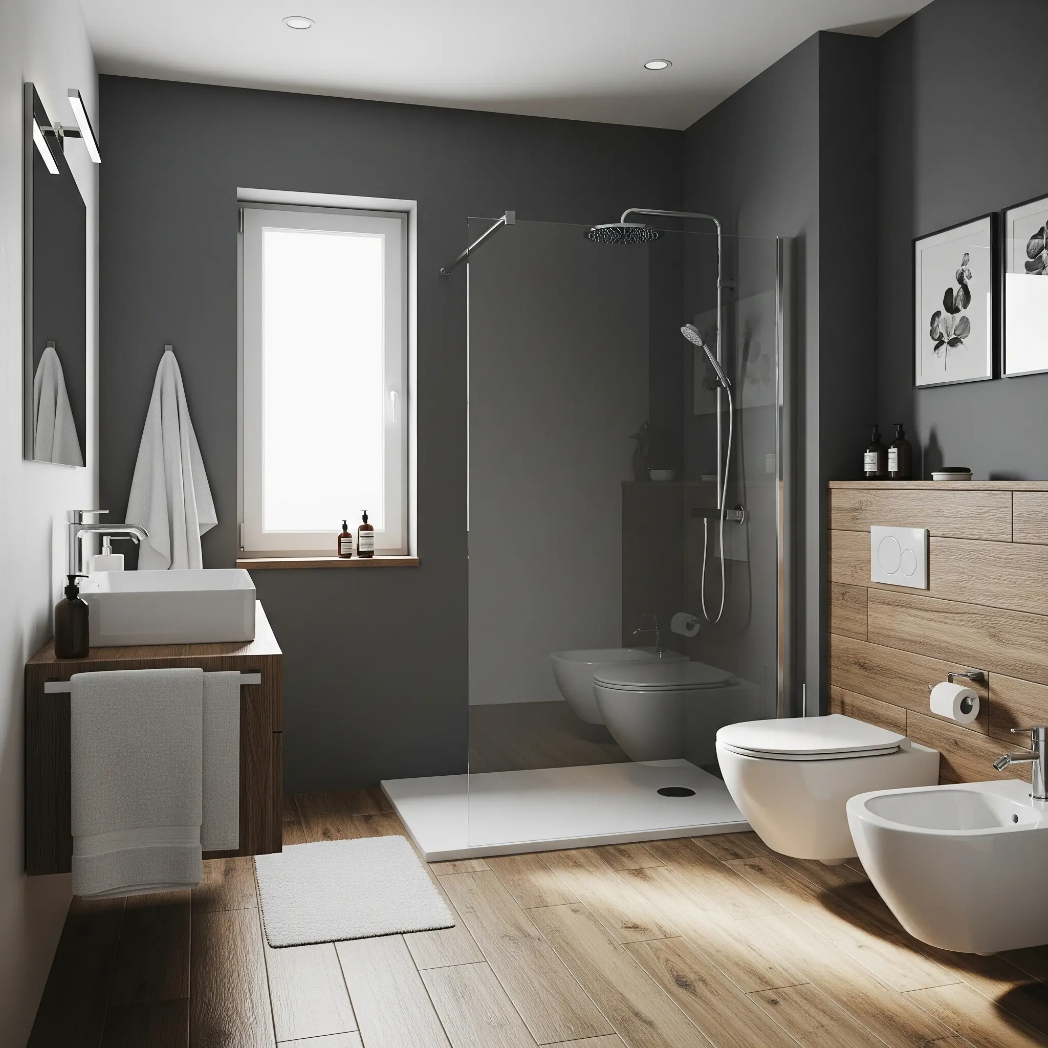 Bagno ristrutturato con dettagli raffinati, illuminazione moderna e design elegante per un ambiente accogliente e funzionale